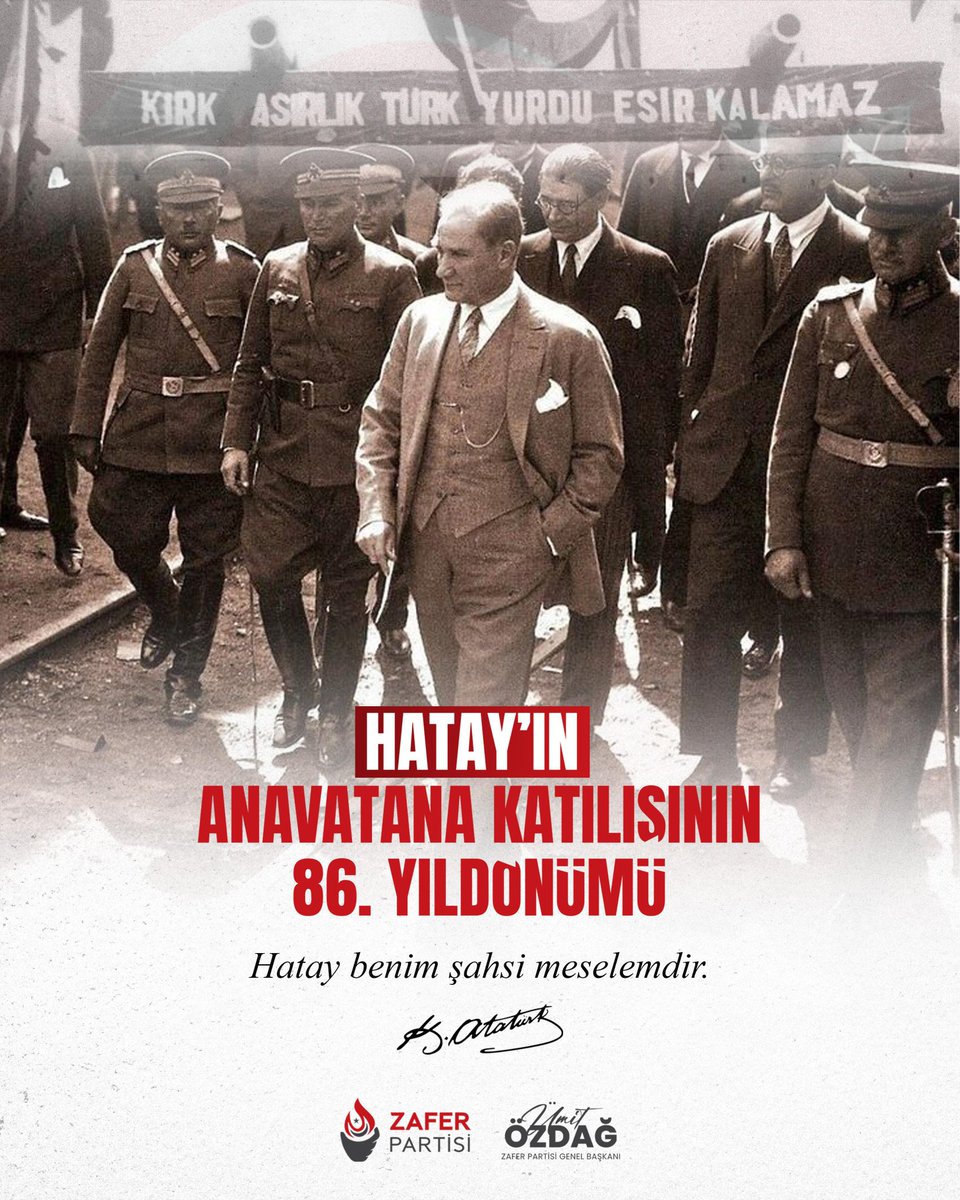 Atatürk'ün "şahsi meselem" dediği kadim Türk şehri Hatay'ın Anavatana katılışının 86. yıl dönümünü kutluyor, Gazi Mustafa Kemal Atatürk'ü bir kez daha saygı ve rahmetle anıyorum.