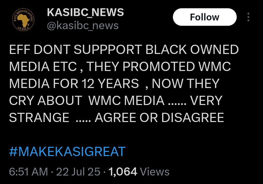 ThabzAfrika's tweet image. The Mighty @EFFSouthAfrica must review the relationship with @kasibc_news and begin to ban it from our pressers, events because in most cases it bashes EFF for its incompetency, jamboree and failures to grow