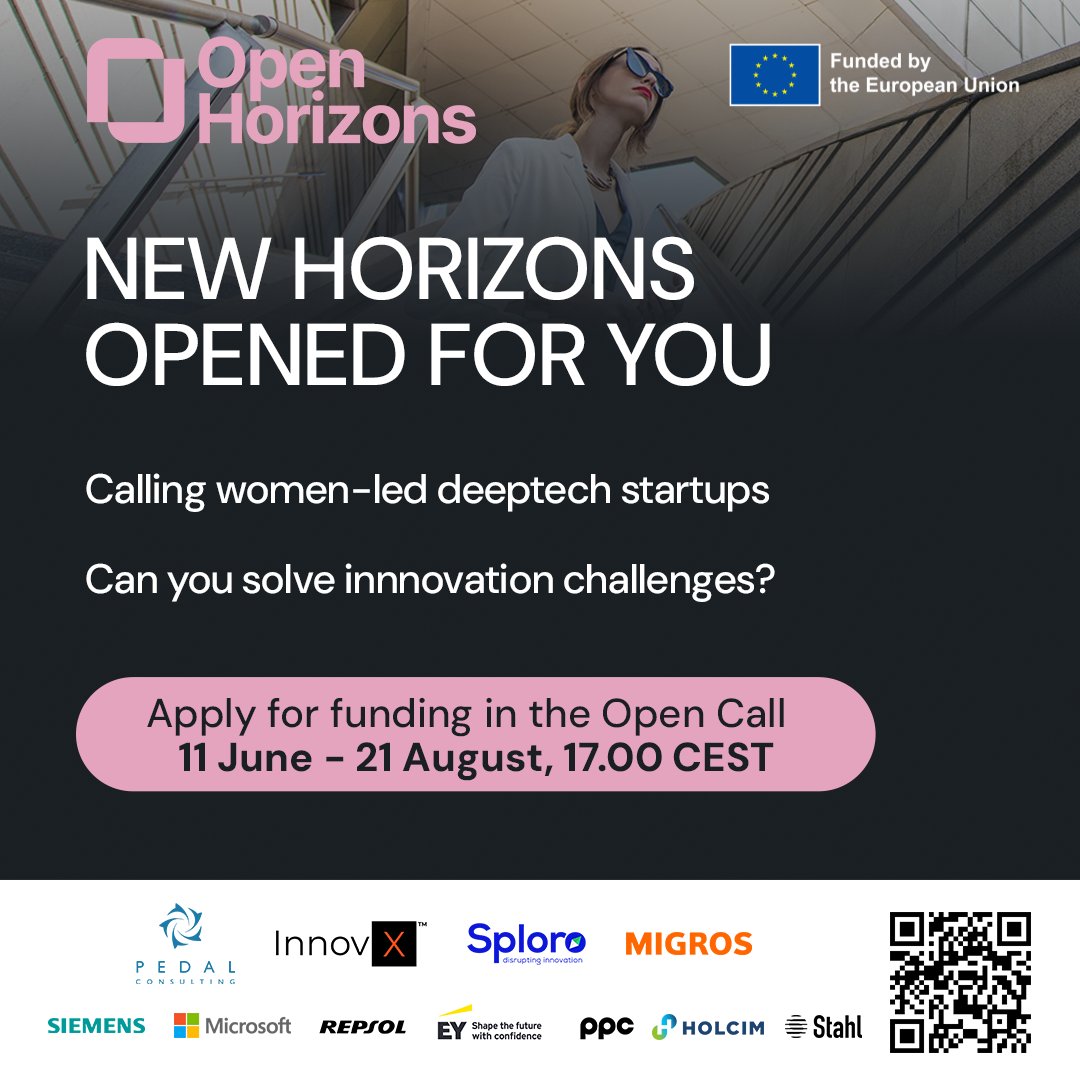 EU_EISMEA's tweet image. Do you have a solution for a corporate challenge in deep tech or digital innovation? 🚀
Eu-funded Open Horizons' first call aims to boost female entrepreneurship in tech & bridge Europe’s innovation gap.
🗓️Deadline: 21 August 2025, 17:00 CEST
Read more: europa.eu/!XPdgM7