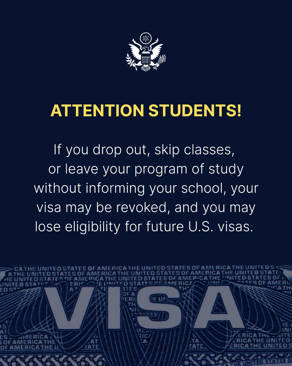usmissionuganda's tweet image. If you drop out, skip classes, or leave your program of study without informing your school, your student visa may be revoked, and you may lose eligibility for future U.S. visas. Always adhere to the terms of your visa and maintain your student status to avoid any issues.