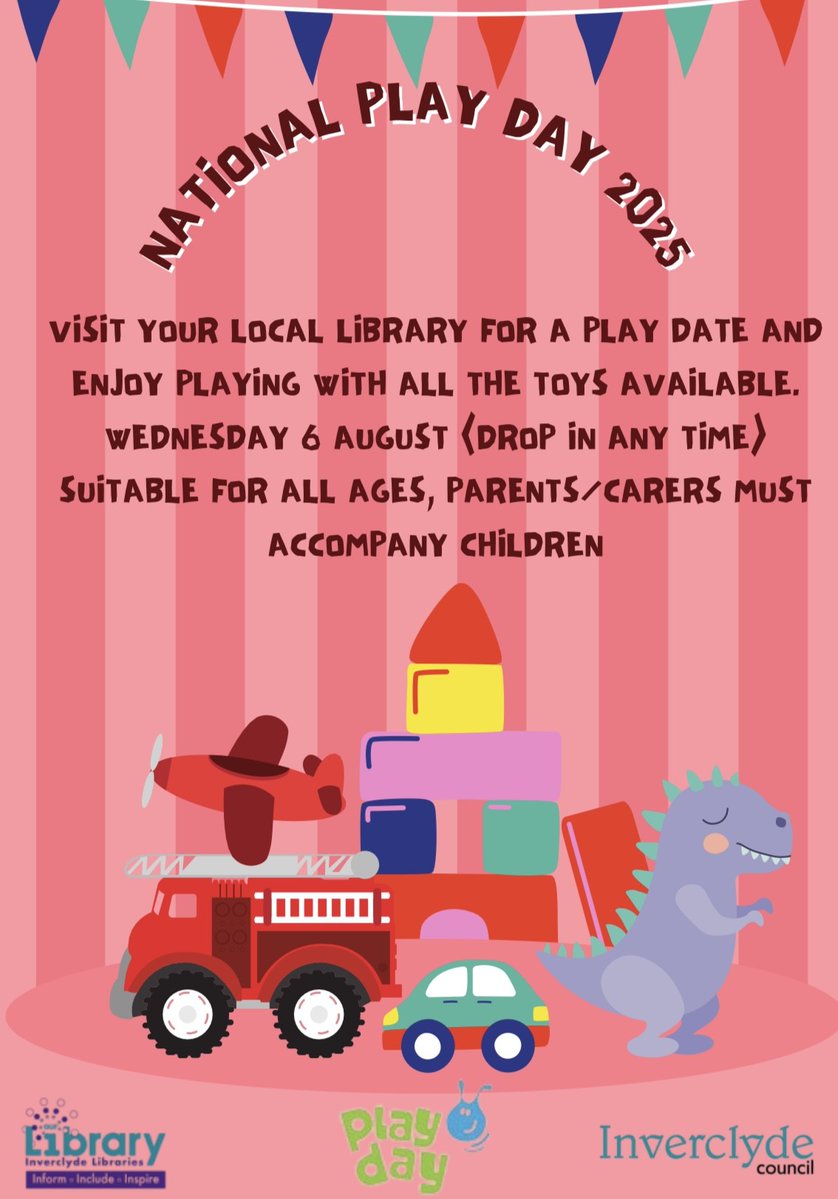 InverclydeLibs's tweet image. Wednesday 6th August is National Play Day and we're inviting you to a play date at your local library to support children's right to a space for play. Drop-in any time and enjoy playing with the toys available. #Playday2025 #SpacesForPlay #LoveLibraries @PlayScotland…