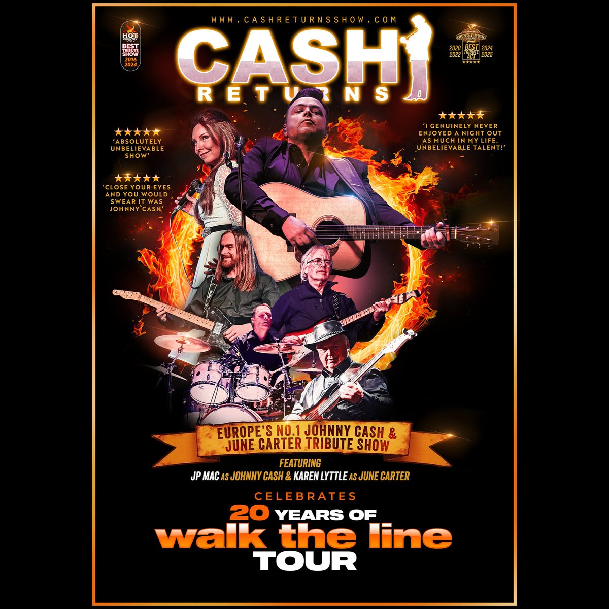 SpiritStore's tweet image. Cash Returns Celebrates 20 Years of Walk The Line
Fri 14 Nov
Tickets
spiritstore.ie/event.php?even…
Cash Returns, Europe's top Cash/Carter tribute, celebrates the 20th anniversary of *Walk the Line* with a new show featuring songs from the film's soundtrack & the couple's repertoire
