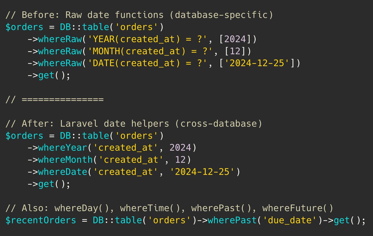 PovilasKorop's tweet image. Laravel tip.
Use date helper methods like `whereDate()`, `whereMonth()`, `whereYear()` for date filtering.
More readable than raw date functions and works consistently across different database systems.
Link to the docs: laravel.com/docs/12.x/quer…
#practicalLaravelDocs