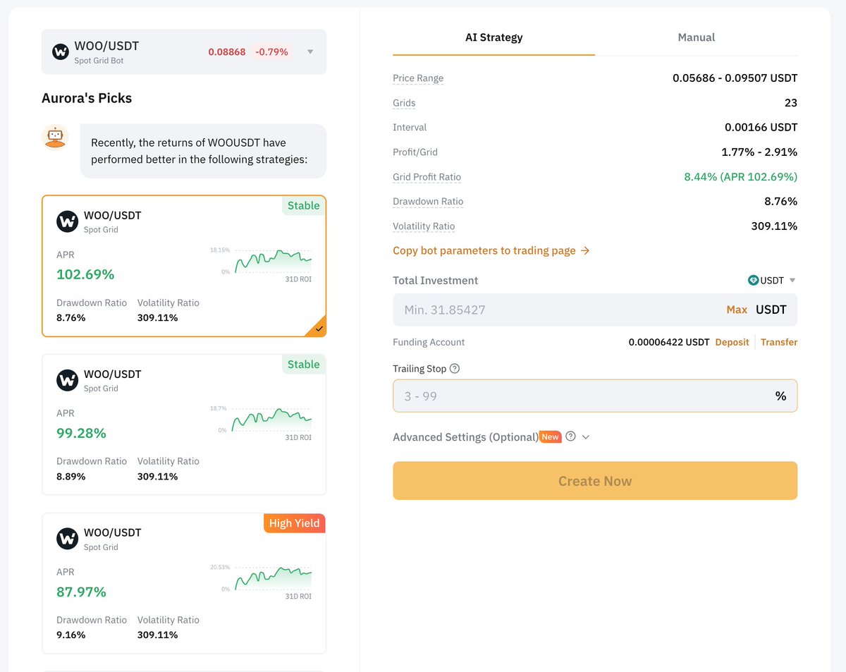 Just heard from our frens at <a href="/Bybit_Official/">Bybit</a> that $WOO grid bots have been enabled today

If you have some stables or $WOO  and want to create some simple yield strategies with it, this is a great tool and helps improve liquidity for others (we work for our bags)