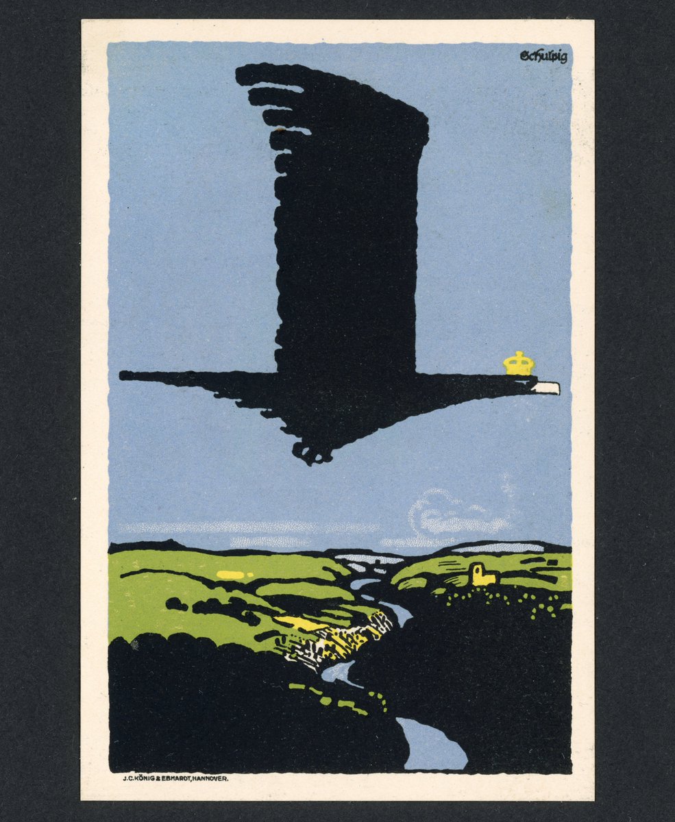 Eine Postkarte von Karl Schulpig, ca. 1914. Das Bild diente zuerst als Einbandillustration der Broschüre "Die Bäder und der Krieg". Der bekrönte Adler soll wohl das Deutsche Reich symbolisieren, das in den Krieg zieht.