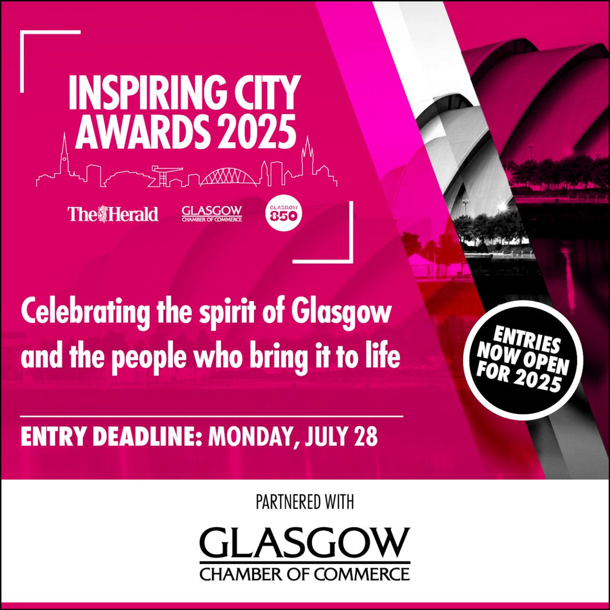 Glasgow Chamber (@glasgow_chamber) on Twitter photo Entries for the Inspiring City Awards close next week! ⌛
As Glasgow marks its 850th anniversary, <a href="/heraldscotland/">The Herald</a> and Glasgow Chamber of Commerce are proud to join forces once again to re-establish the prestigious awards ceremony.
Enter now! 🏆 lnkd.in/eiGXxtEQ Entries for the Inspiring City Awards close next week! ⌛
As Glasgow marks its 850th anniversary, <a href="/heraldscotland/">The Herald</a> and Glasgow Chamber of Commerce are proud to join forces once again to re-establish the prestigious awards ceremony.
Enter now! 🏆 lnkd.in/eiGXxtEQ