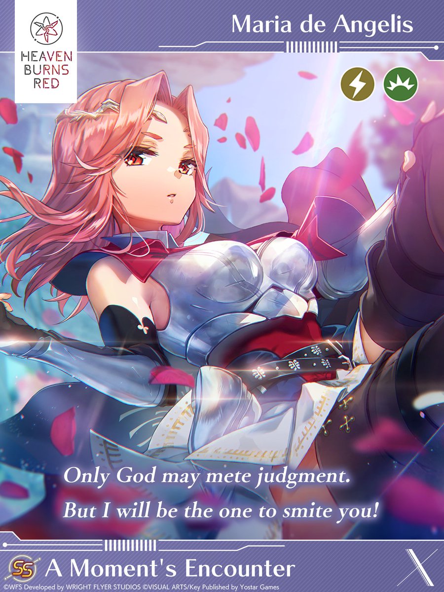 hbr_official_en's tweet image. SS Memoria Introduction

Only God may mete judgment. But I will be the one to smite you!

[A Moment&apos;s Encounter]Maria de Angelis
Role: Healer
Attack Type: Thunder, Crush

#HeavenBurnsRed #Yostar #MariadeAngelis
