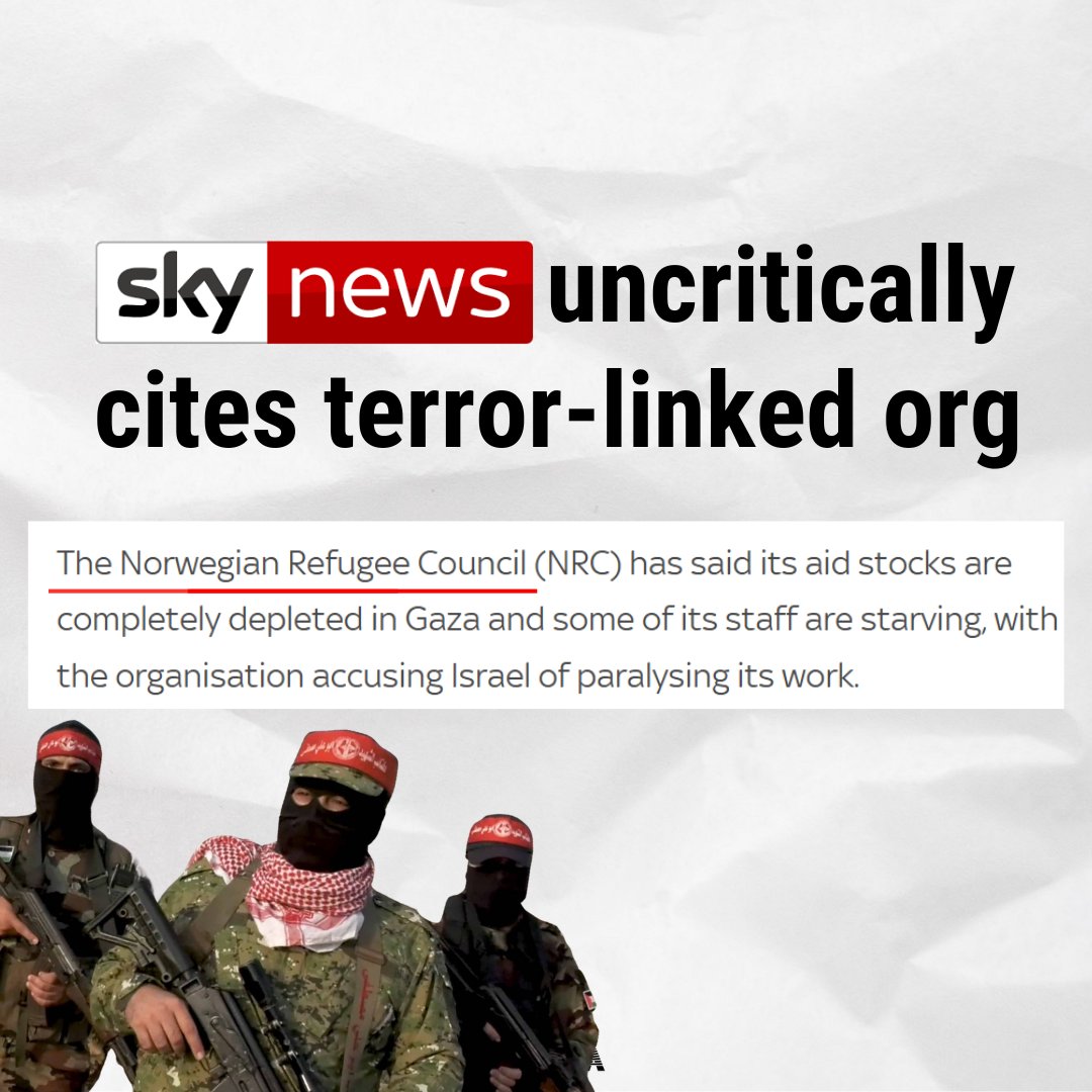 CAMERAorg's tweet image. According to @NGOmonitor, the Norwegian Refugee Council neglects humanitarian principles by working with a number of organizations that have ties to terror groups.
But @SkyNews uncritically promotes their claims...