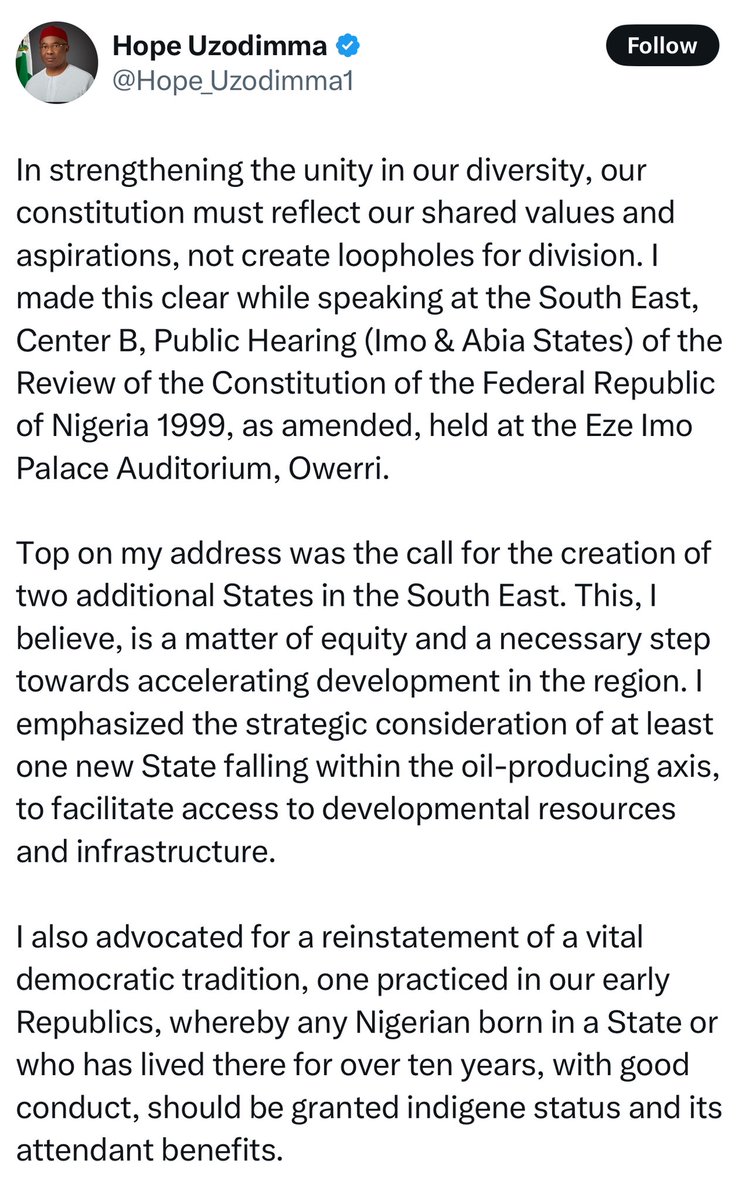 akinalabi's tweet image. Governor Hope Uzodimma made a post. Some people cut the last paragraph and somehow attributed it to me.
Sigh.