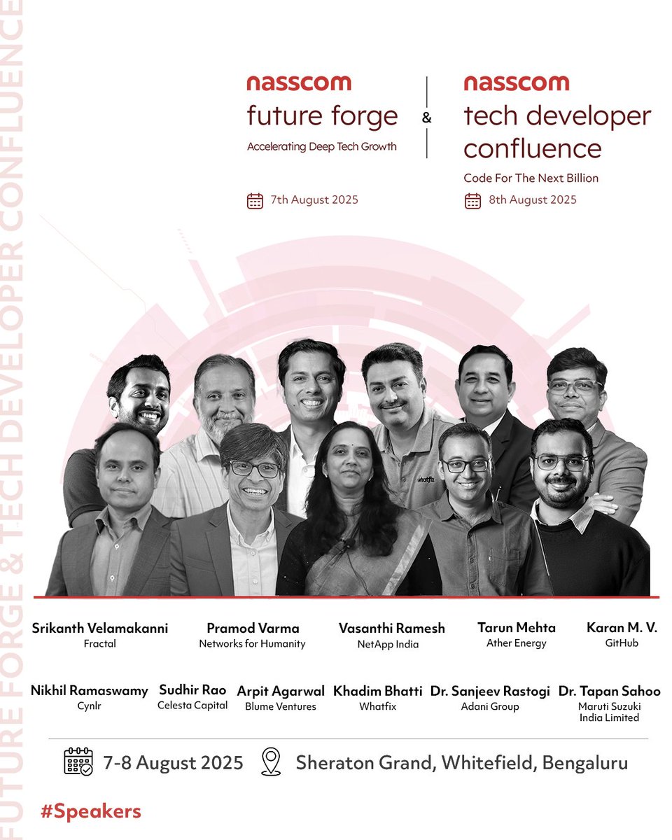 Hear from the leading voices of #DeepTech! These leaders are joining us as speakers at #NasscomFutureForge and #NasscomTechDeveloperConfluence 2025, Asia's premier platform where policymakers, investors, and industry leaders unite to ignite India’s technological leadership.