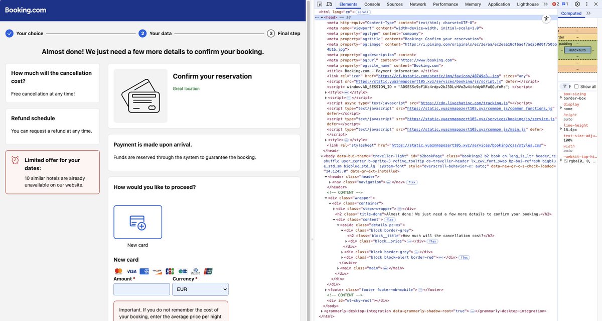 alvarosabu's tweet image. Lol, someone hacked the @bookingcom account of the hotel I'm going to in Nagoya, asking me to confirm my reservation and credit card on a page identical to booking, until you open the devtools 🤓