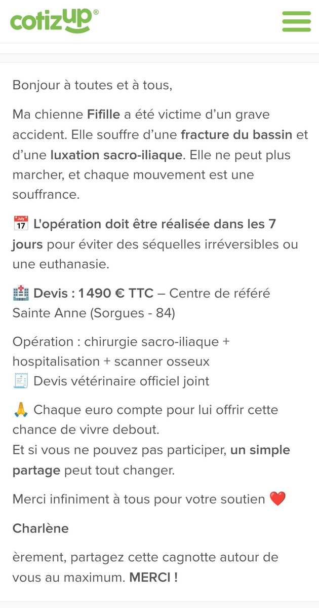 La #TeamOM ces 2 petits marseillais ont besoin de vous(mes petits neveux)👏
Je vous laisse imaginer leur peine quand on leur explique que leur petit chien va mourir !
Si vous pouvez donner je vous remercie infiniment sinon 1 partage C déjà ça de pris💪 J-7
cotizup.com/pour-notre-fif…