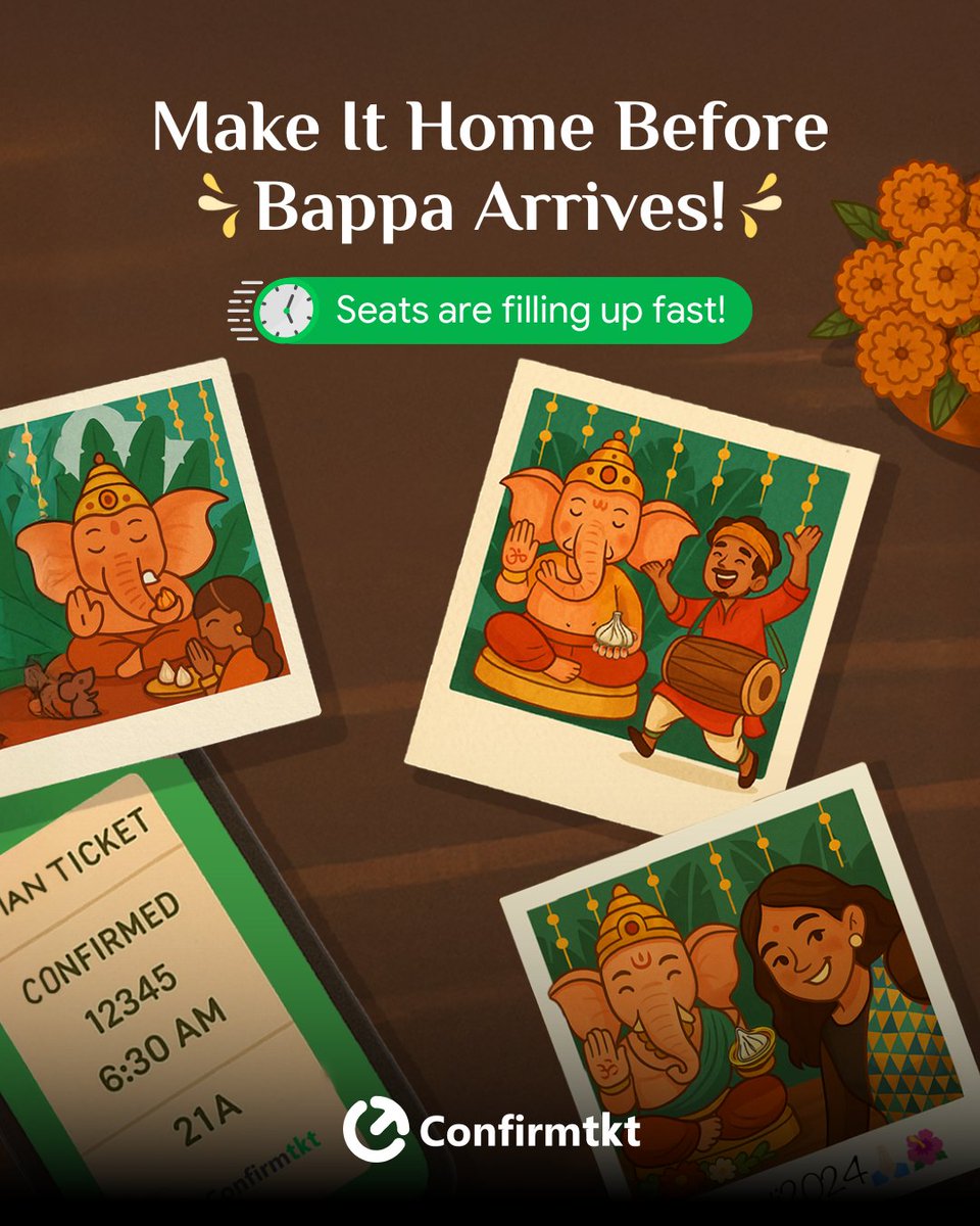 Ganesh Chaturthi is coming soon! 🎉

Book your train tickets early and skip the last-minute scramble. 🚆

#GaneshChaturthi #BookNow #TravelUpdate #IndianRailways