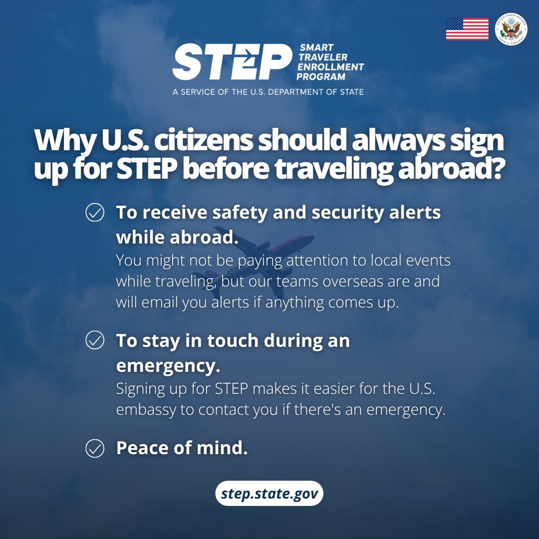 USembassyMadrid's tweet image. ✈️🇺🇸 Traveling to Spain or Andorra?
Enroll in @travelgov’s Smart Traveler Enrollment Program (STEP)—it’s free and keeps you informed about alerts.
🛡️ Stay safe. Stay connected.
👉 step.state.gov
#TravelSmart #STEP #TravelTips