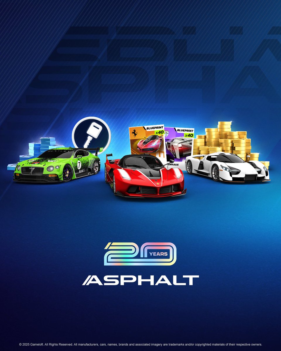 asphalt's tweet image. Are you ready on for our 20th Anniversary tomorrow?
Don't forget to log in during the season to claim free gifts:
🏎️Ferrari FXXK unlock (40 BPs)
🏎️Glickenhaus 003S unlock, (40 BPs)
🔑Bentley Continental GT3 key
💰200 000 credits
🎁200 tokens
#20YearsofAsphalt