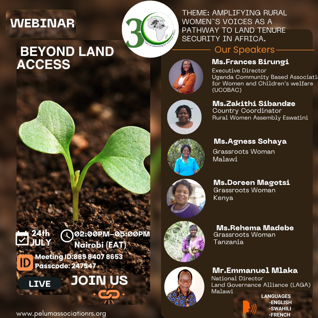 🌱 TOMORROW! Join Us for an Inspiring Conversation 
Don’t miss our “Beyond Land Access” webinar happening 24th July | 2:00 PM – 5:00 PM (EAT) as we amplify rural women’s voices for land tenure security in Africa.
🎙 Hear from powerful grassroots leaders and experts across Africa.