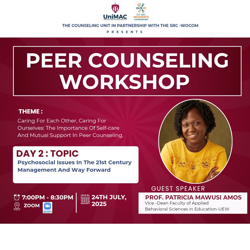 unimac_gh's tweet image. Join us for a transformative 3-day Peer Counseling Workshop!

Theme: Caring For Each Other, Caring for Ourselves
🗓️ July 23–25, 2025
📍 Days 1 &amp;amp; 2: Online | 7PM–8:30PM | [Zoom ID: 618 2726 4968 | Passcode: 940018]
📍 Day 3: In-person | 9AM–12PM | South Legon Campus, Seminar Room