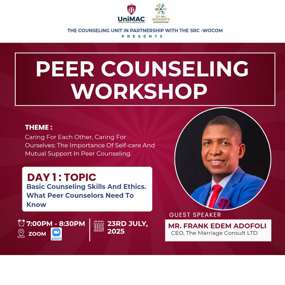 unimac_gh's tweet image. Join us for a transformative 3-day Peer Counseling Workshop!

Theme: Caring For Each Other, Caring for Ourselves
🗓️ July 23–25, 2025
📍 Days 1 &amp;amp; 2: Online | 7PM–8:30PM | [Zoom ID: 618 2726 4968 | Passcode: 940018]
📍 Day 3: In-person | 9AM–12PM | South Legon Campus, Seminar Room