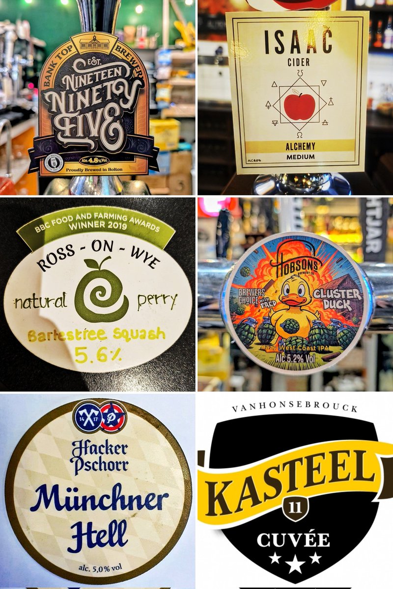 New additions to draught: Bank Top anniversary beer 1995, and Isaac Alchemy cider. A super dry Bartestree Squash perry from Ross, Cluster Duck from Hobsons. We've Hacker-Pschorr Hell. And lastly, the absolutely stunning Kasteel Cuvèe 11%, astonishingly good on draught! Cheers!