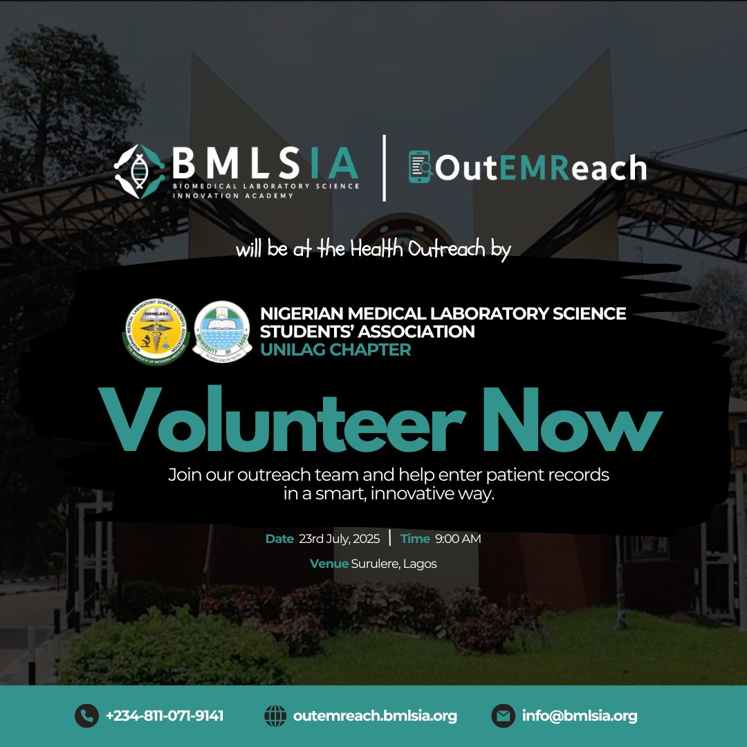 bmlsia's tweet photo. ��� BMLSIA | OutEMReach will be at UNILAG for the NIMELSSA Health Outreach on July 23, 2025!

We’re deploying our digital outreach solution to power smarter, faster healthcare.
📍UNILAG fam, let’s connect!

#BMLSIA #OutEMReach #HealthTech #UNILAG #MedicalOutreach #DigitalHealth https://t.co/jsjx8sdUhS