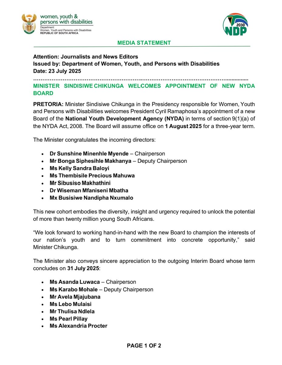 DWYPD_ZA's tweet image. 📢 Media Statement
Minister @s_chikunga Welcomes The Appointment of the New NYDA Board