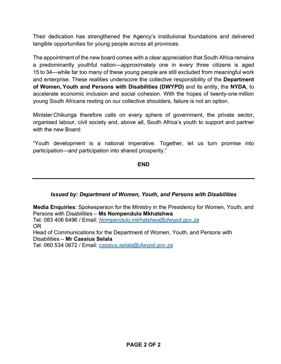 DWYPD_ZA's tweet image. 📢 Media Statement
Minister @s_chikunga Welcomes The Appointment of the New NYDA Board