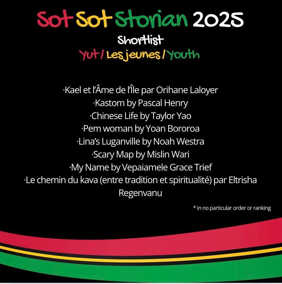 Congratulations, shortlisted Sot Sot Storian 2025 writers 🎉 Theme: Culture and Identity/Kalja mo Aedentiti. A special new prize for stories in sign language - a historic first! Prize-giving on 25 July in Port Vila. Check Vanuatu Literature for more details 🇻🇺