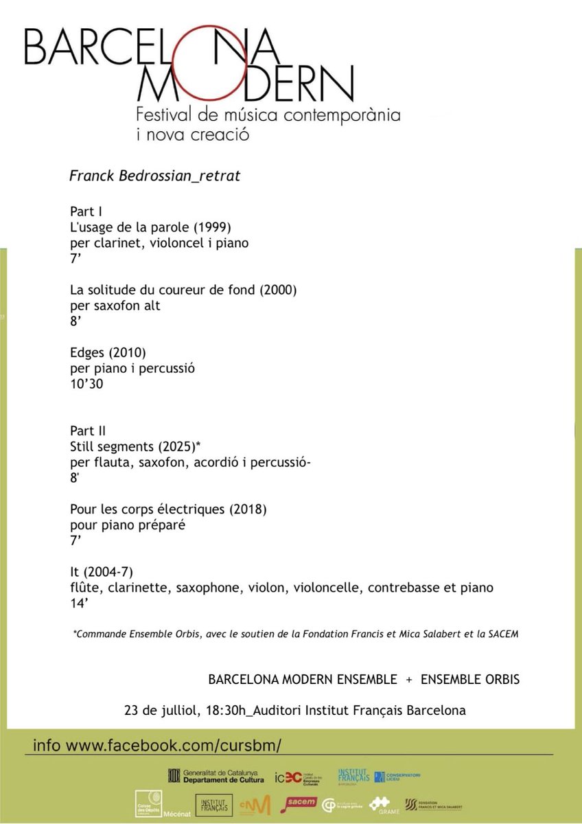 Daniel MUÑOZ-OSORIO (@dmunozosorio) on Twitter photo Avui! No us ho perdeu! <a href="/BcnModEnsemble/">Barcelona Modern Ensemble</a> i <a href="/EnsembleOrbis/">Ensemble Orbis</a> amb <a href="/f_bedrossian/">Franck Bedrossian</a> a l' <a href="/IF_Barcelona/">Institut français de Barcelona</a> Avui! No us ho perdeu! <a href="/BcnModEnsemble/">Barcelona Modern Ensemble</a> i <a href="/EnsembleOrbis/">Ensemble Orbis</a> amb <a href="/f_bedrossian/">Franck Bedrossian</a> a l' <a href="/IF_Barcelona/">Institut français de Barcelona</a>