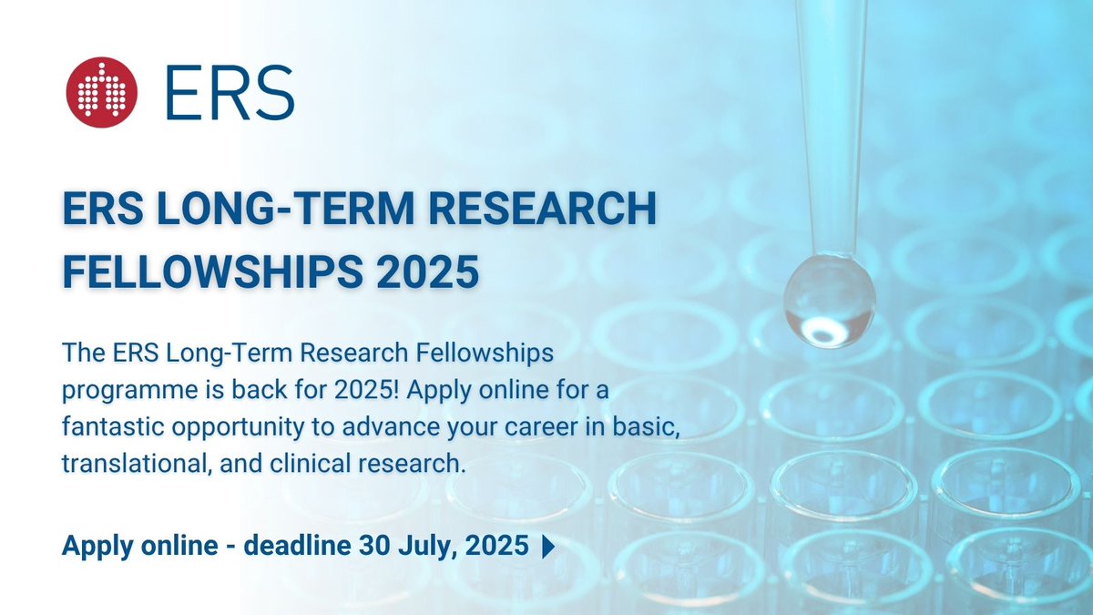 EuroRespSoc's tweet image. Final call!
There is just 1 week until the ERS Long-Term Research Fellowships programme deadline.
Don’t miss the chance to advance your career & contribute to global improvements in respiratory health.
Apply before 30 July, 2025: bit.ly/4ju5HlE