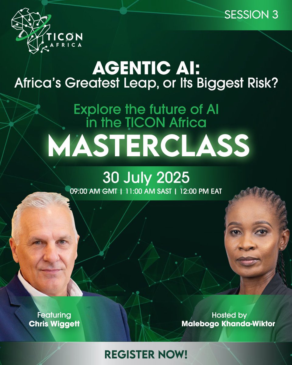 Agentic AI is here, redefining innovation and raising big questions for Africa’s future. 

 Join the next TICON Africa Masterclass to explore its promise and risks with AI expert Chris Wiggett. 

Register now: ta.uxi.re/TQlB

#TICONAfrica #AgenticAI #FutureTech