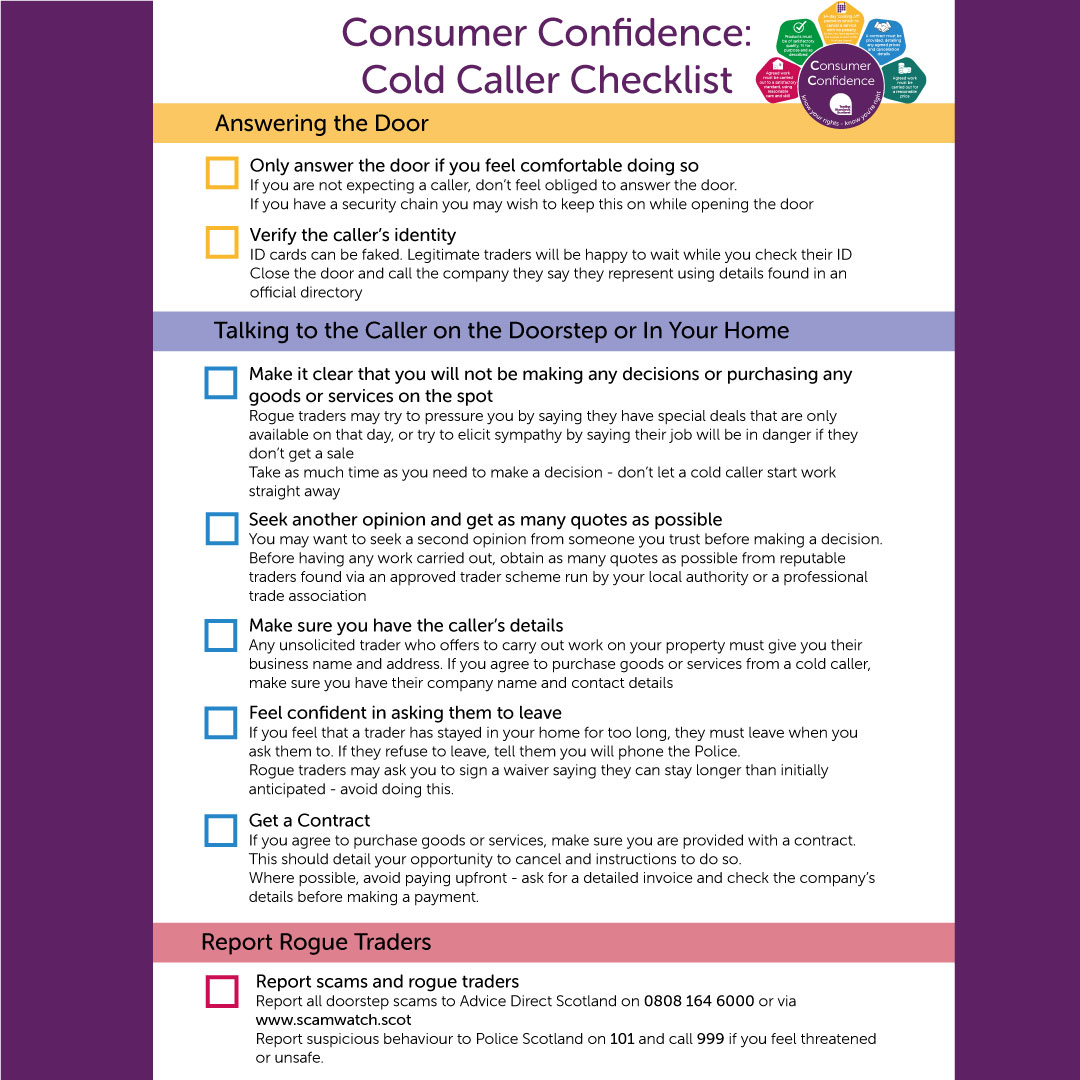 TSScot's tweet image. Our cold caller checklist may be useful for those who are worried about rogue traders or who don’t feel confident dealing with cold callers
View it online or download & print: tsscot.co.uk/wp-content/upl… #ConfidentConsumer