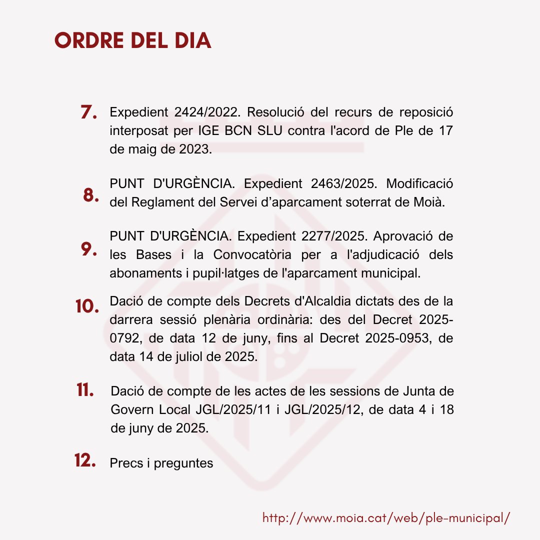 L'Ajuntament de Moià convoca un Ple en sessió ordinària el pròxim dimecres dia 23 de juliol a les 19:30 hores a la Sala de Plens. 

📅 Dimecres 23 de juliol
🕛 A les 19:30 h

⏯ Pots seguir-lo en directe aquí: youtube.com/watch?v=VRRFIG…

#moia