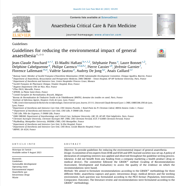 wfsaorg's tweet image. 🌿 New guidelines from SFAR, SF2H &amp;amp; SFPC focus on reducing the environmental impact of general anaesthesia.
Shared by our Sustainability Committee, these expert recommendations cover anaesthetic gases, IV drugs, devices &amp;amp; working environments.
Read more 👉 shorturl.at/LTVfY