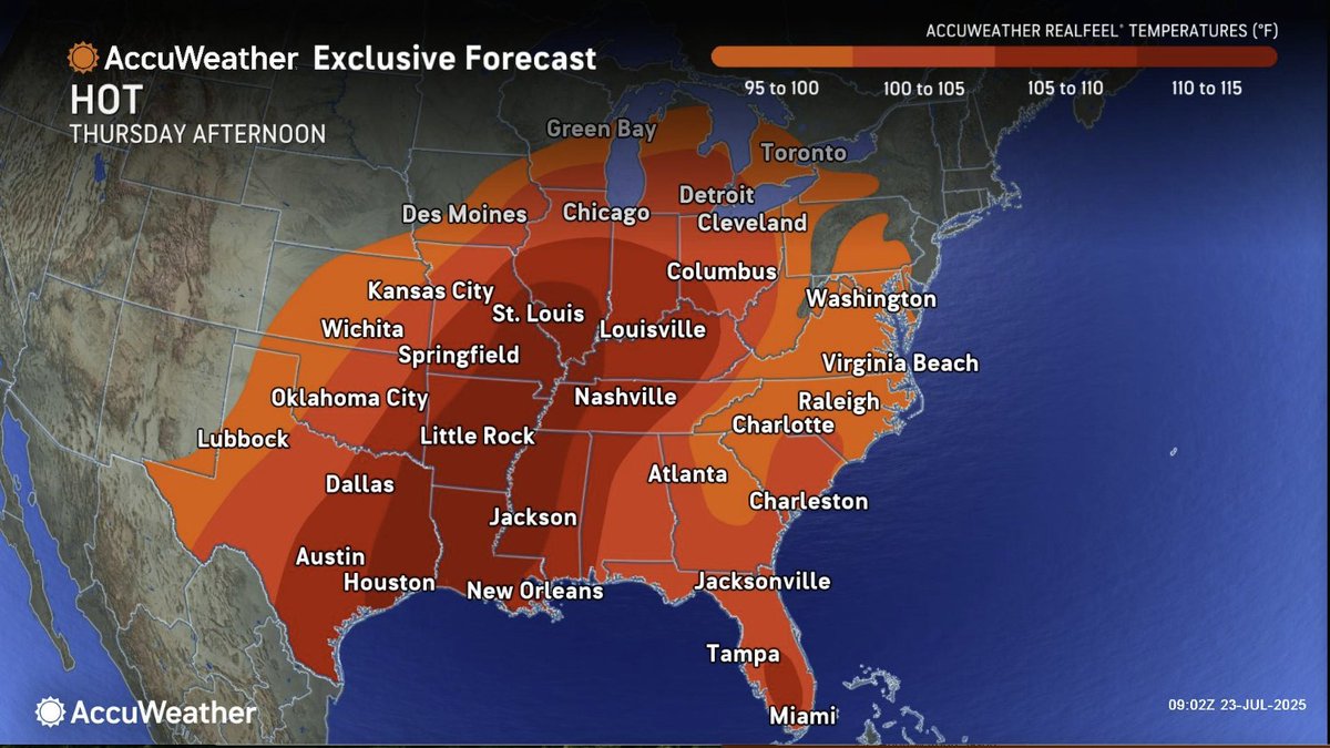 kmoxnews's tweet image. Weather @accuweather WEDNESDAY
*EXTREME HEAT WARNING THROUGH THURSDAY EVENING; REALFEELS WILL BE IN THE 100s TO 110s!*
•Today-Mostly sunny and hot at 98.
•Tonight-Mainly clear. Low 79, will be very humid.
•Tomorrow-Partly sunny even hotter and a touch more humid. High 100.…