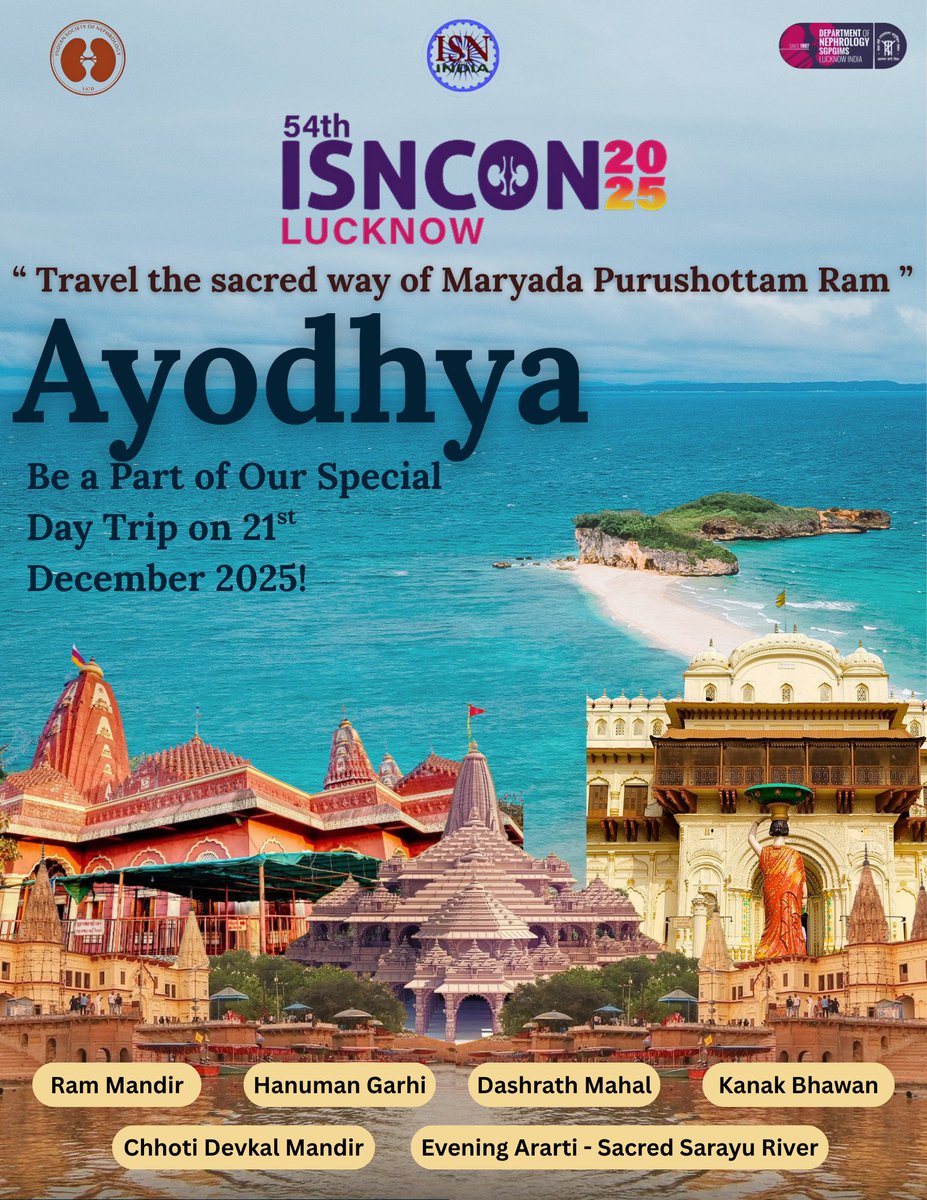 Isncon25's tweet image. β¨ Embark on a Sacred Journey to Ayodhya!
π· As part of ISNCON 2025, join us on a special One-Day Trip on 21st December to explore the divine city of Lord Ram
π·π· Letβs walk through faith, history & culture β together
π· #AyodhyaTrip#ISNCON2025
#Nephro #ISNCON2025