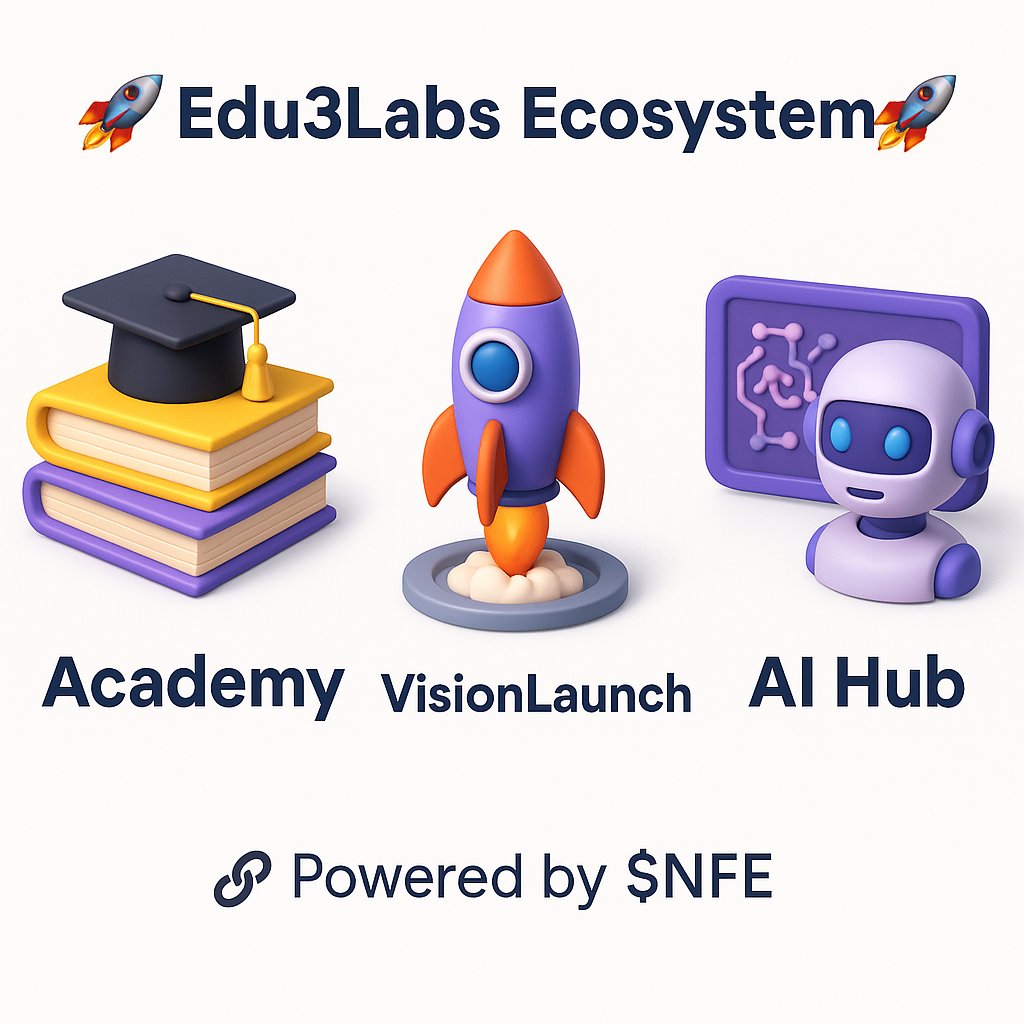 d🚀 𝙀𝙙𝙪𝟯𝙇𝙖𝙗𝙨 𝙀𝙘𝙤𝙨𝙮𝙨𝙩𝙚𝙢 🚀
📚 Academy: academy.edu3labs.com
🚀 VisionLaunch: visionlaunch.io
🤖 AI Hub: ai.edu3labs.com
🔗 Powered by $NFE | Web3 x AI