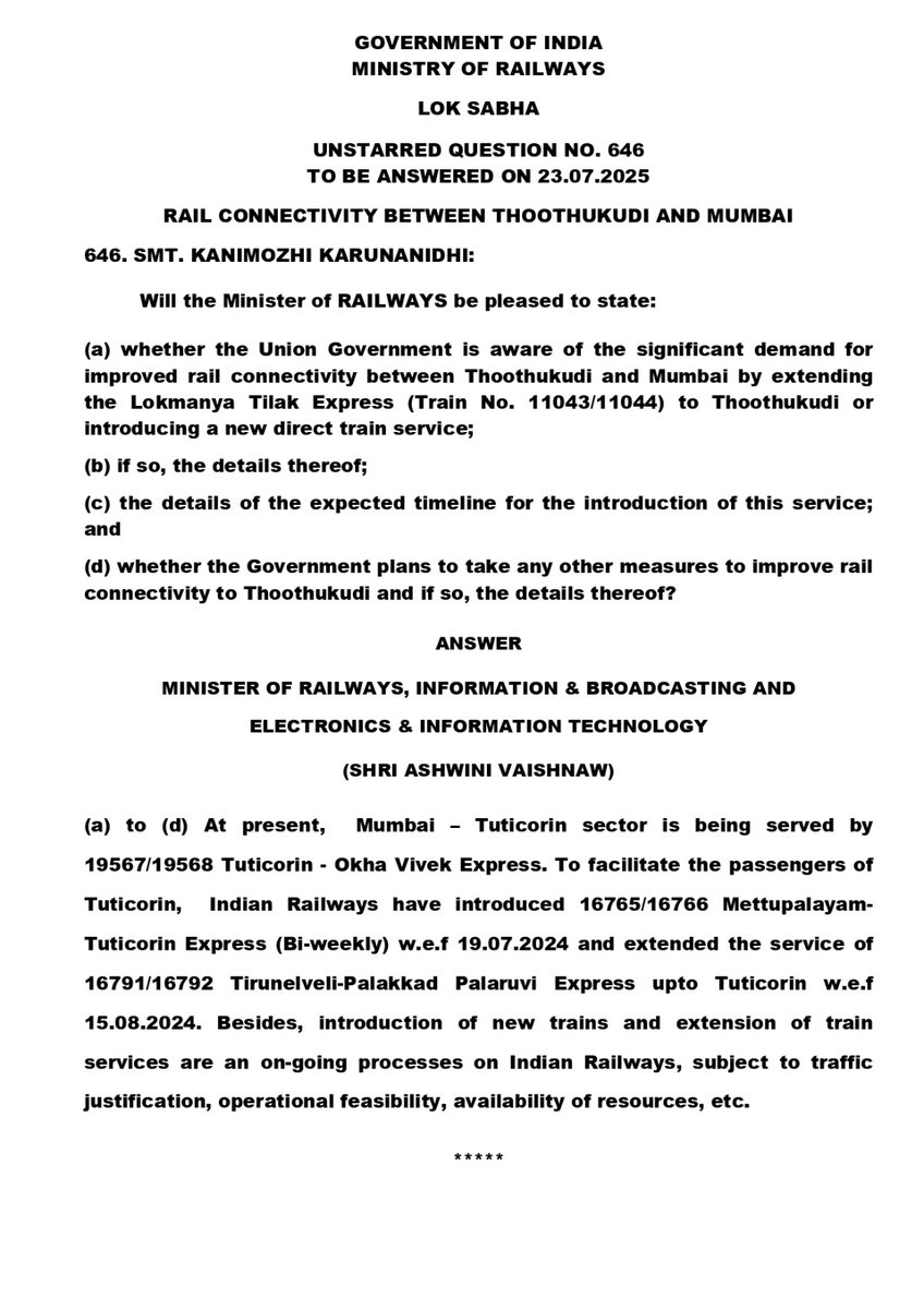 KanimozhiDMK's tweet image. I raised an Unstarred Question in Lok Sabha on the need for a direct train link between Thoothukudi and Mumbai - a crucial route for migrant workers, students, and traders from southern Tamil Nadu.
The Ministry of Railways, in its reply, referred only to indirect routes without…