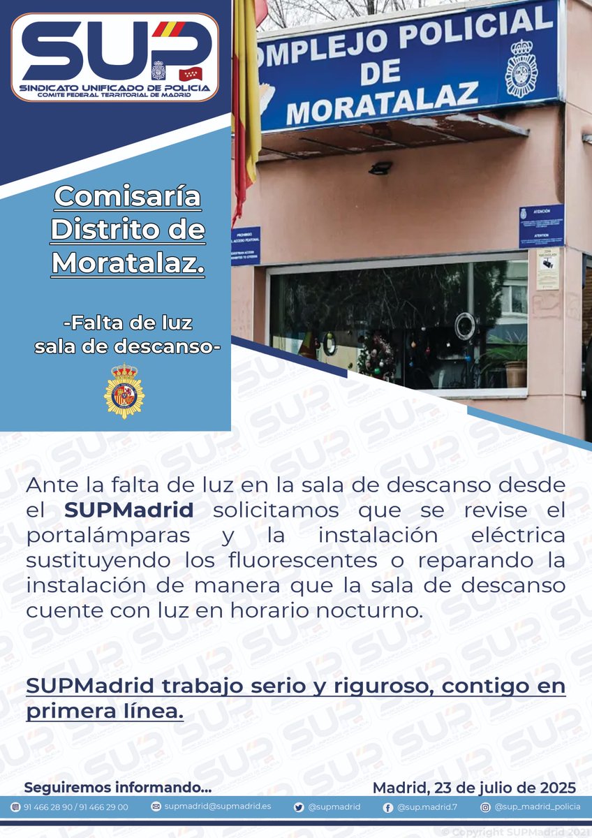 supmadrid's tweet image. 🔌❌️ Sala de descanso sin luz❓️
👤 Así trabajan nuestros policías en #Moratalaz. Descansos sin luz por una instalación en mal estado
🔊 Desde #SUPMadrid hemos solicitado la revisión eléctrica de la instalación y la sustitución de fluorescentes o la reparación del sistema .