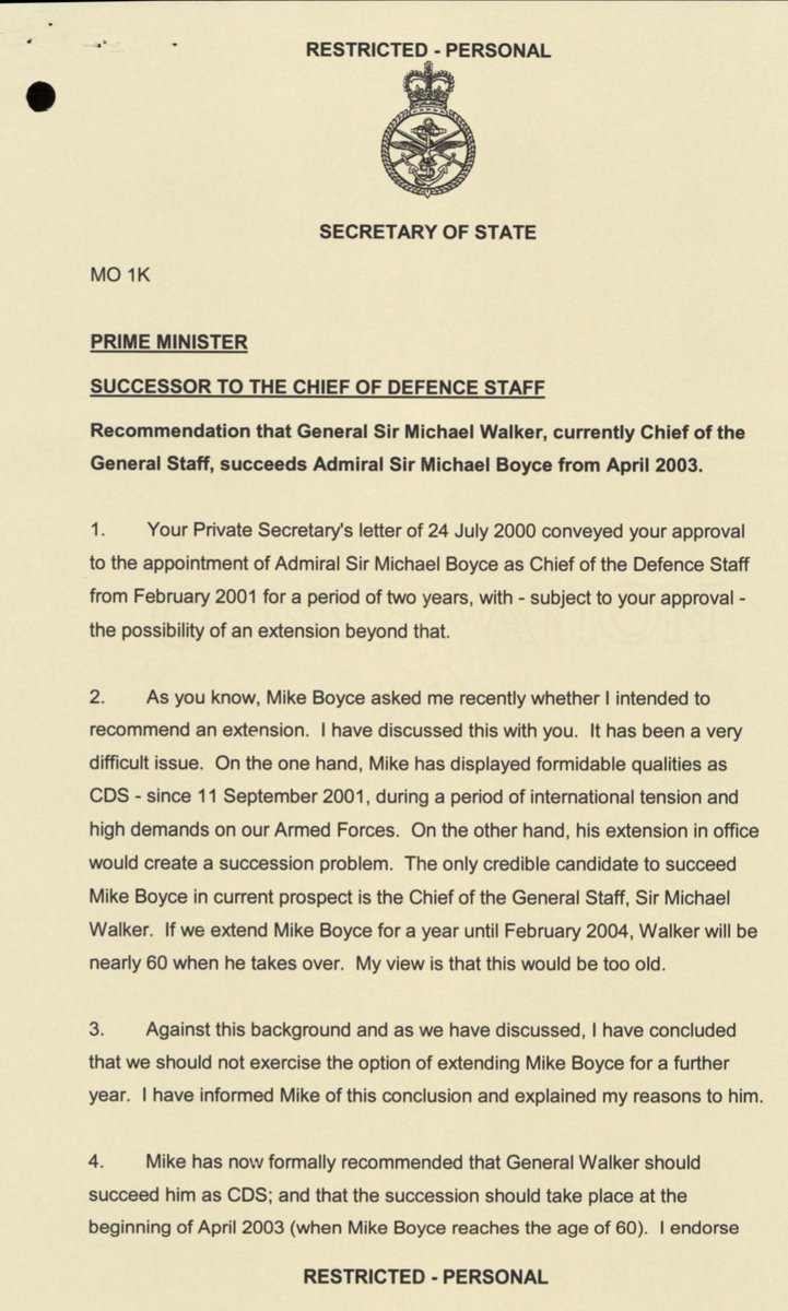 pinstripedline's tweet image. Fascinating Archive release - the 2002 note from Geoff Hoon (SofS) to Tony Blair recommending Admiral Boyce be let go after 2yrs as CDS, and not extended in post citing a wider succession problem if he stayed in post.
Really interesting insight to MOD politics and SofS/CDS ties.