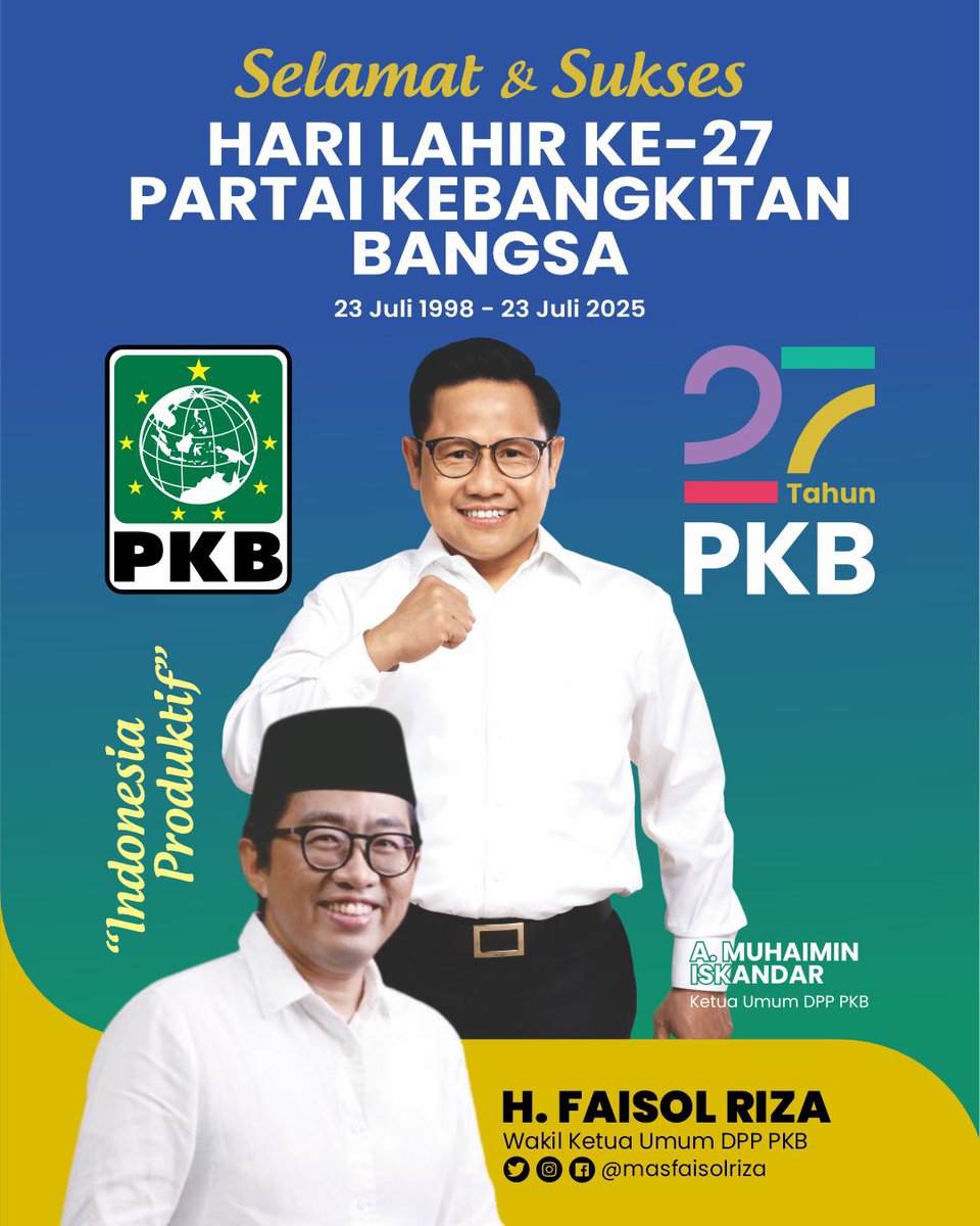 Selamat Hari Lahir Partai Kebangkitan Bangsa. 27 tahun PKB mengabdi untuk negeri. Terus produktif untuk Indonesia Maju.

#Harlah27PKB
#indonesiaproduktif