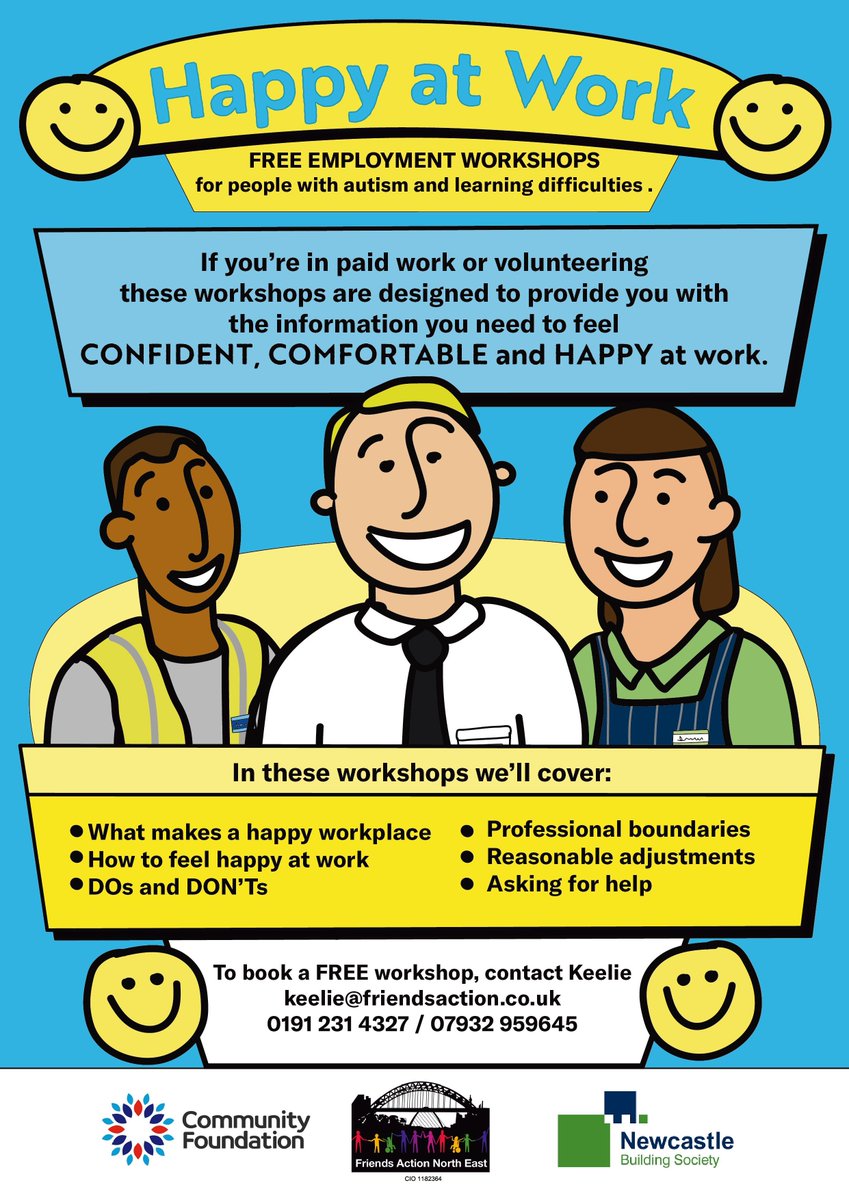 Volunteer Centre Newcastle (@vcnewcastle) on Twitter photo Friends Action North East is offering free Happy at Work sessions designed for people with learning disabilities and autism who are in work, volunteering, or preparing to start employment. πΌπ
π¬ To book a free workshop, contact: keelie@friendsaction.co.uk Friends Action North East is offering free Happy at Work sessions designed for people with learning disabilities and autism who are in work, volunteering, or preparing to start employment. πΌπ
π¬ To book a free workshop, contact: keelie@friendsaction.co.uk