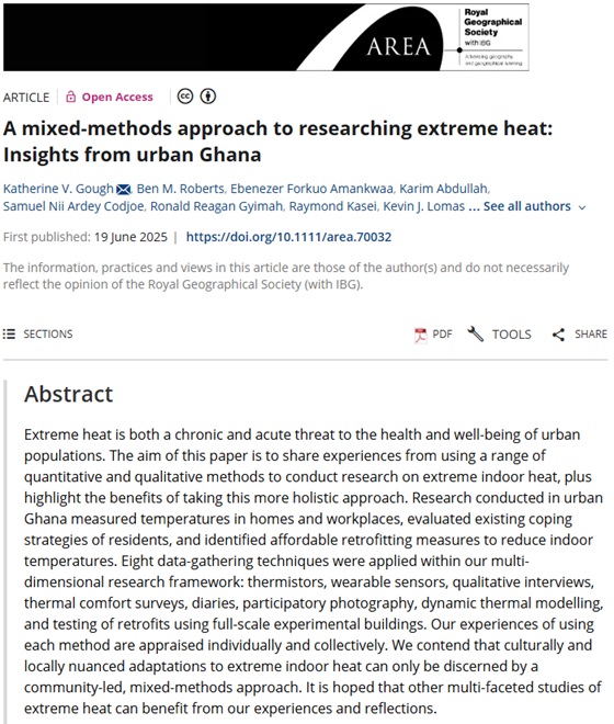 RGS_IBGhe's tweet image. 🔊New paper published in Area by Katherine V. Gough (@lborogeog) et al. 🔊
'A mixed-methods approach to researching extreme heat: Insights from urban Ghana' #OpenAccess
doi.org/10.1111/area.7…