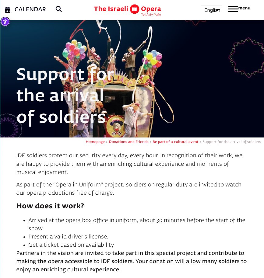Art4PalestineUK's tweet image. At Covent Garden, director Oliver Mears tries to pull the Palestinian flag away from a cast member ‘in the name of political impartiality’.
Meanwhile in Tel Aviv, the Covent Garden co-production of 'Turandot' offers free tickets to IDF soliders - ‘in recognition of their work’