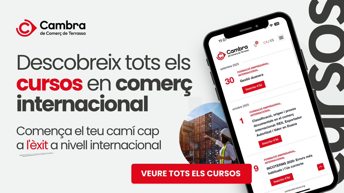☀️ Abans de marxar… planifica les teves pròximes passes!
Formacions internacionals al setembre i octubre: duanes, #Incoterms, #IA, #logística…
Reserva la teva plaça! 🎯
🔗 cambraterrassa.org/agenda/llista/…
