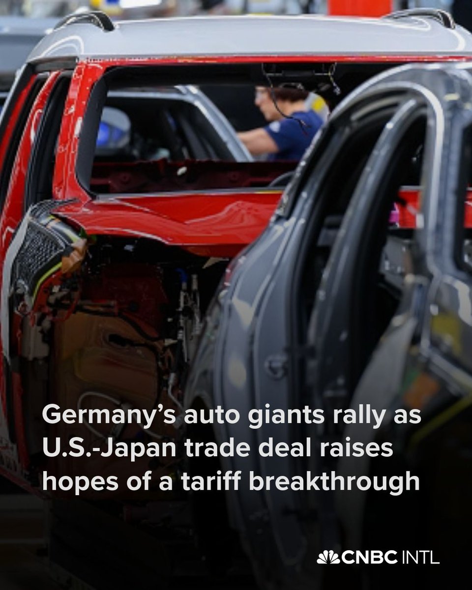 CNBCi's tweet image. Shares of Europe’s top carmakers rose on Wednesday after the U.S. and Japan’s blockbuster trade agreement raised hopes of a tariff breakthrough for other major exporters.
Read more here: cnb.cx/40vt6fP