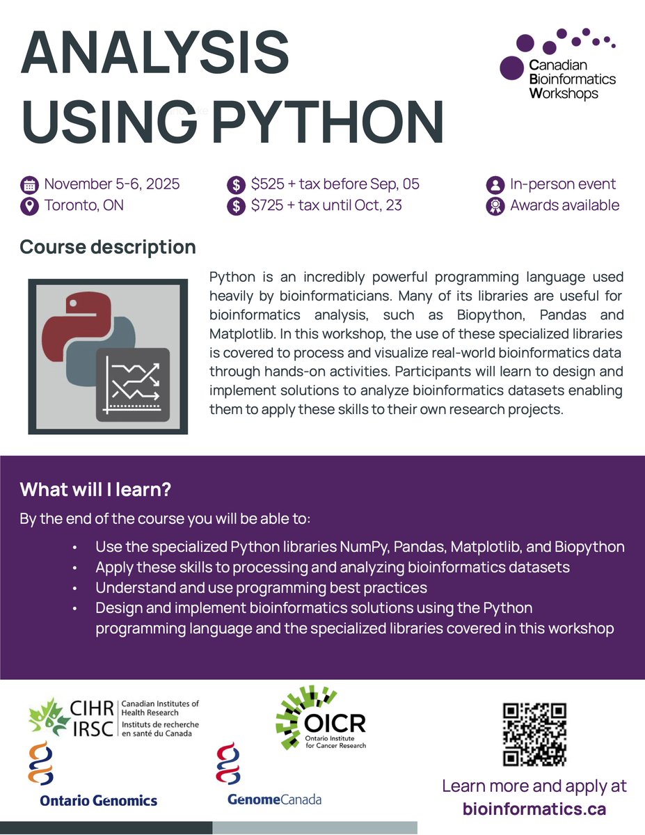 Attention grads who use (or are going to use) PYTHON for analysis: Join the Canadian Bioinformatics Hub for two courses dedicated to teaching you an introduction on how to use Python and how to use it for analysis.

Learn more and to apply: bioinformatics.ca