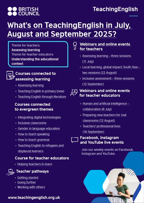 BritishCouncil's tweet image. 👩🏫👨🏫 English Language Teachers & Educators - planning on working on your CPD over the summer? Take a look at what our @TeachingEnglish team have to offer 👇
More info here: teachingenglish.org.uk/community/top-…
#TeachingEnglish #AssessingLearning #BritishCouncil