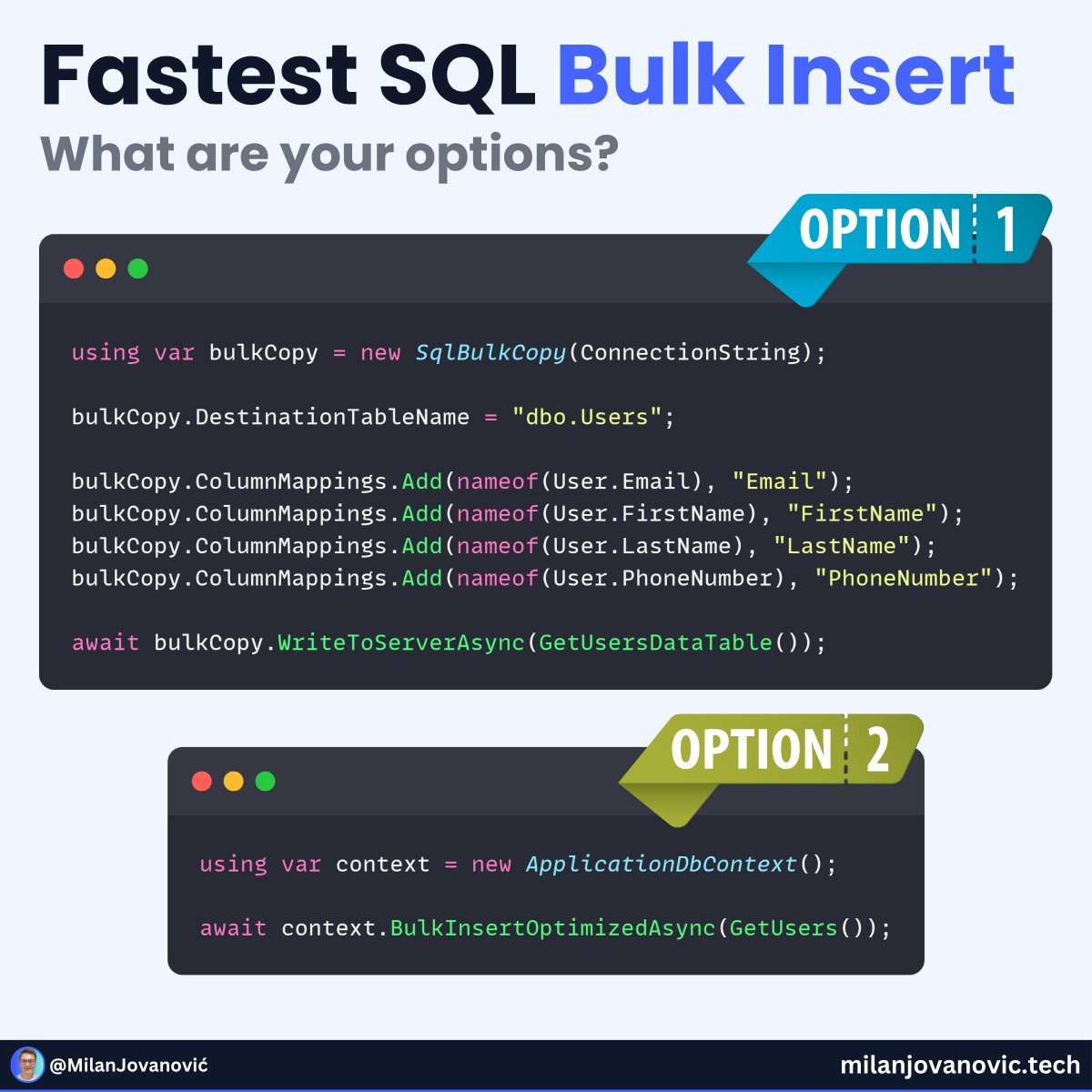 mjovanovictech's tweet image. I benchmarked 7 different approaches for bulk inserts in C#.
SqlBulkCopy crushed the competition, no surprise there.
But the real surprise?
A lesser-known method came in second with impressive results.
It’s fast, simple, and might be a better fit for many real-world scenarios.…