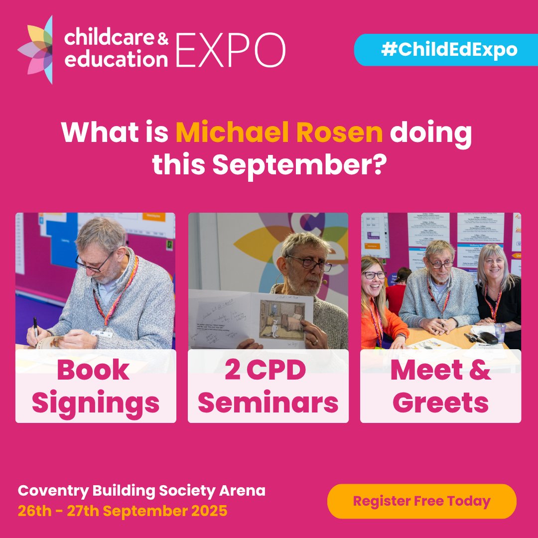 Michael Rosen is joining #ChildEdExpo Midlands this coming September!  

Here’s what he’ll be up to at the event and how you can learn from him and more.  

Want to meet Michael? Register for your free place: forms.reg.buzz/childcare-educ…