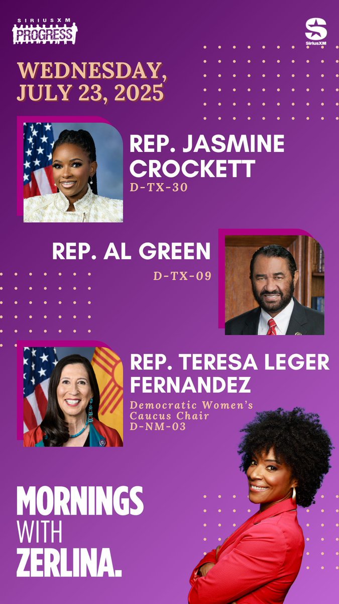 ZerlinaMornings's tweet image. Hello Wednesday! Joining Zerlina on the show this morning: @RepJasmine of TX-30, @RepAlGreen of TX-09 & @DemWomenCaucus Chair @RepTeresaLF of NM-03!
☎️ 866-997-4748
📻 @SiriusXMProg Ch. 127
siriusxm.us/Zerlina